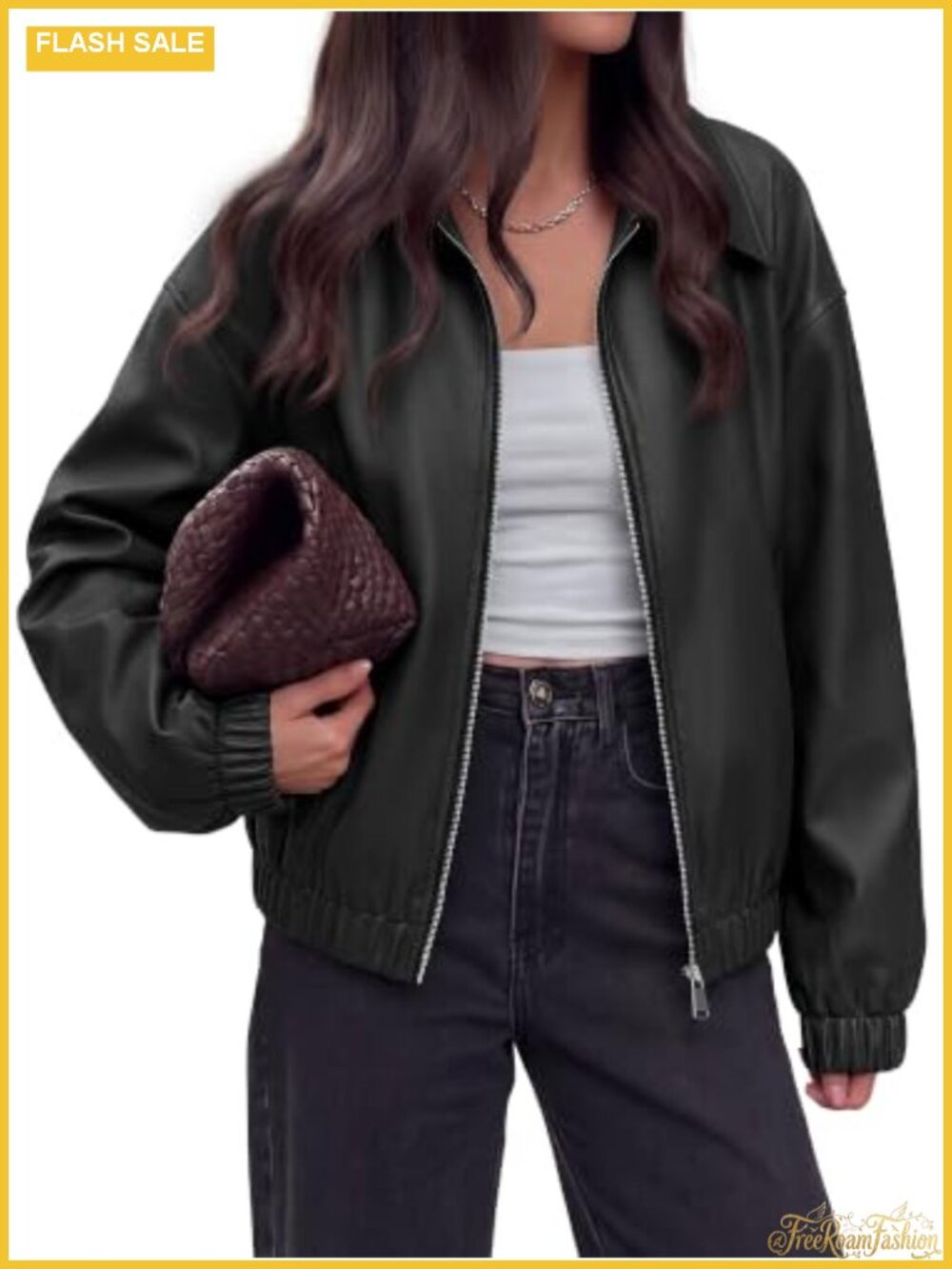 Oversized Zip Up Faux Leather Bomber Jacket Women Long Sleeve